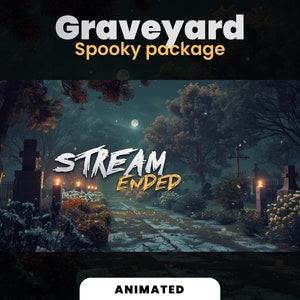 Peut inclure: Écran de fin de diffusion animé avec une scène de cimetière effrayante. Le texte "STREAM ENDED" est dans une police jaune stylisée. L'arrière-plan est un cimetière sombre et brumeux avec des pierres tombales et des arbres.