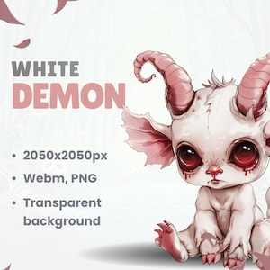 May include: A white demon with pink horns and ears, large red eyes, and a sad expression. The demon is sitting on a white background with pink petals falling around it.