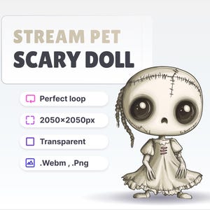 Könnte beinhalten: Eine Cartoon-Illustration einer gruseligen Puppe mit genähten Nähten, großen Augen und einem weißen Kleid. Die Puppe hat einen Zopf und einen traurigen Ausdruck. Das Bild ist mit "Stream Pet Scary Doll" beschriftet.