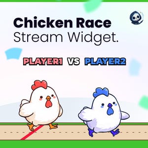 Puede incluir: Imagen con el texto "Chicken Race Stream Widget". Dos pollos de dibujos animados, uno con cresta roja y otro azul, compiten en una pista. Se muestra el texto "PLAYER1 VS PLAYER2".