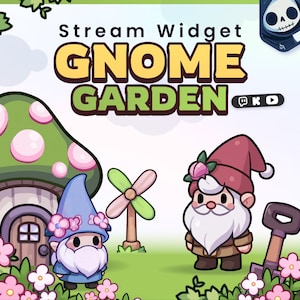 May include: A digital graphic titled Stream Widget GNOME GARDEN featuring two cartoon gnomes, a mushroom house with pink spots, a small windmill, and a shovel. The scene is decorated with pink flowers and includes small icons for Twitch and YouTube.