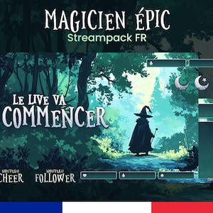 Może przedstawiać: Cyfrowa nakładka strumienia z leśną scenerią i sylwetką czarodzieja. Wyświetlany jest tekst "MAGICIAN ÉPIC" i "LE LIVE VA COMMENCER". Paleta kolorów obejmuje zielenie, błękity i biel.