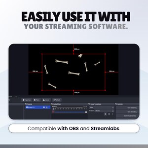 May include: A digital interface showing streaming software with the text EASILY USE IT WITH YOUR STREAMING SOFTWARE. The screen displays a black background with floating white bone graphics inside a red bounding box, and the text Compatible with OBS and Streamlabs.