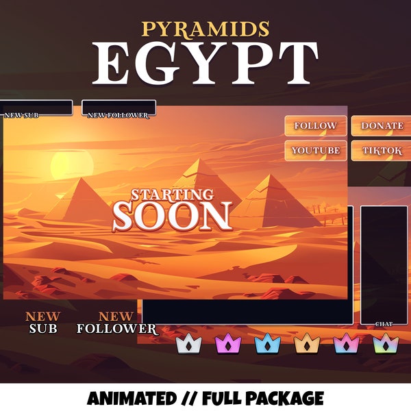 STREAM PACKAGE - Pyramids egypt - Animated - COLORS - Desert vibes - Cléopâtre - Overlays, Screens, Badges and more! - Twitch