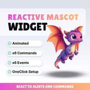 May include: A digital graphic showing a purple dragon with orange wings. Text reads "REACTIVE MASCOT WIDGET" with features: Animated, x6 Commands, x6 Events, and OneClick Setup. The bottom banner says "REACT TO ALERTS AND COMMANDS."