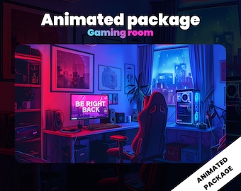 NEON GAMING ROOM Stream package - Overlays kit for Twitch - Animated designs - Blue and Purple - Overlays, Badges, Screens and more!