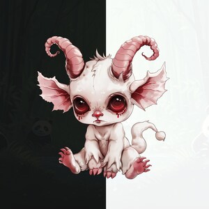 May include: A small, white, cartoon-like creature with pink horns, ears, and a tail. It has red eyes and a sad expression. The creature is against a white background.