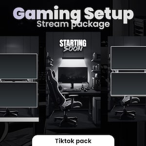 Puede incluir: Una configuración de juego en blanco y negro con un monitor que muestra "Starting Soon" y dos espacios rectangulares negros para texto o imágenes. La configuración incluye una silla de juego, un escritorio y un teclado. El texto "Gaming Setup Stream Package" está en la parte superior de la imagen, y el texto "Tiktok pack" está en la parte inferior.