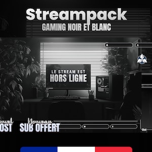 Puede incluir: Diseño de superposición de transmisión de juegos en blanco y negro. El texto "Streampack GAMING NOIR ET BLANC" está en la parte superior. El texto "LE STREAM EST HORS LIGNE" está en un monitor. Incluye notificaciones de chat y suscriptor.