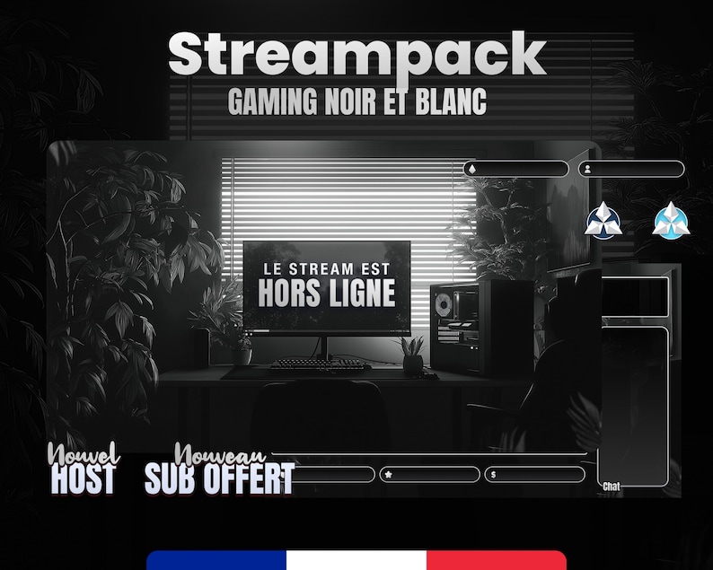 May include: Black and white gaming stream overlay design. The text "Streampack GAMING NOIR ET BLANC" is at the top. The text "LE STREAM EST HORS LIGNE" is on a monitor. Includes chat and subscriber notifications.