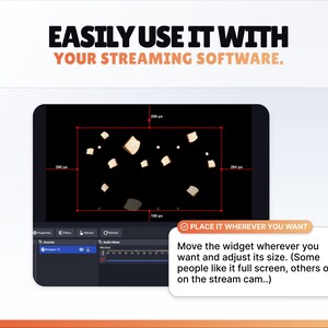 Pode incluir: Uma captura de tela de um software de streaming com um fundo preto e fatias de p&atilde;o flutuantes. O texto na parte superior diz "EASILY USE IT WITH YOUR STREAMING SOFTWARE." Uma bolha diz "PLACE IT WHEREVER YOU WANT."