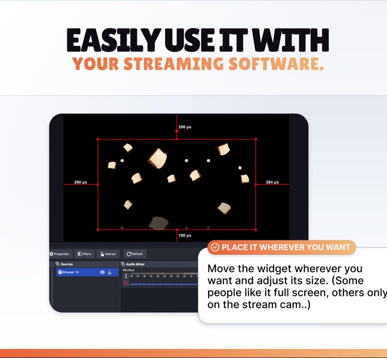 Pode incluir: Uma captura de tela de um software de streaming com um fundo preto e fatias de p&atilde;o flutuantes. O texto na parte superior diz "EASILY USE IT WITH YOUR STREAMING SOFTWARE." Uma bolha diz "PLACE IT WHEREVER YOU WANT."