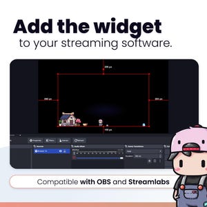 K&ouml;nnte beinhalten: Screenshot einer Streaming-Software mit schwarzem Hintergrund und roten Messlinien. Der Text "Add the widget to your streaming software" steht oben. Der Text unten lautet "Compatible with OBS and Streamlabs". Eine Cartoonfigur befindet sich in der unteren rechten Ecke.