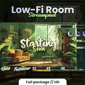 Kit Low-Fi Room Overlays - Sala verde com plantas - Pacote animado - Telas, emblemas, alertas e muito mais! Obs e Streamlabs | Twitch Youtube