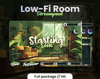 Op de afbeelding: Een digitale kunst-illustratie in groen en bruin van een woonkamer met planten, een bank en een tafel. De tekst "Starting Soon" is geschreven in een groot, gestileerd lettertype. De tekst "Low-Fi Room Streampack" staat bovenaan de afbeelding. De afbeelding is een digitale illustratie van een streampack voor Twitch of YouTube.