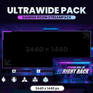 May include: A digital graphic for a gaming room stream pack. The design features a large, black screen with the dimensions 3440 x 1440, framed in purple and blue. The text "ULTRAWIDE PACK" and "GAMING ROOM STREAMPACK" are displayed at the top.