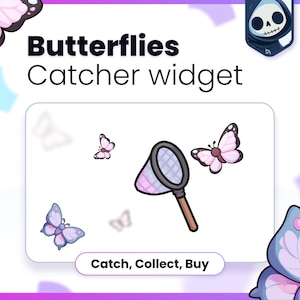 Puede incluir: Un gráfico digital titulado Butterflies Catcher widget que muestra una red para mariposas y varias mariposas de color morado claro. El texto dice Butterflies Catcher widget y Catch, Collect, Buy. Un icono de calavera está en la esquina superior derecha.