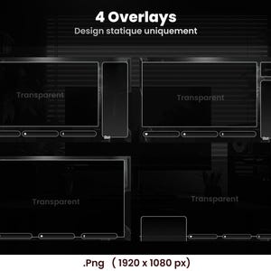 May include: Four black and white streaming overlays with transparent sections. Each overlay has a rectangular main display area, a chat box, and a control panel with icons. The text "4 Overlays" and "Design statique uniquement" are at the top. The image is a .png file.