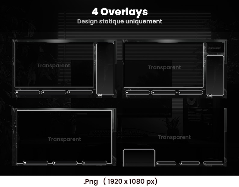 May include: Four black and white streaming overlays with transparent sections. Each overlay has a rectangular main display area, a chat box, and a control panel with icons. The text "4 Overlays" and "Design statique uniquement" are at the top. The image is a .png file.