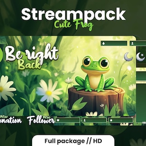 Könnte beinhalten: Ein grüner Frosch sitzt auf einem Baumstumpf in einem grünen Wald mit weißen Blumen. Der Text "Be right back" ist im Hintergrund. Dies ist ein Twitch-Stream-Overlay-Paket mit einem niedlichen Frosch-Thema.