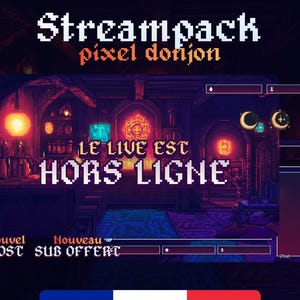 Może przedstawiać: Nakładka na strumień Twitch w stylu pikselowych lochów z tekstem "Streampack pixel donjon" i "LE LIVE EST HORS LIGNE". Nakładka ma ciemnoniebieski i fioletowy schemat kolorów z różnymi pikselowymi grafikami, w tym zamkiem, księżycem i gwiazdami.