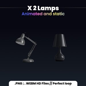 May include: Two black lamps, one with a flexible arm and a round shade, the other with a round shade and a round base.  The lamps are on a black background.  .PNG, .WEBM HD Files // Perfect loop