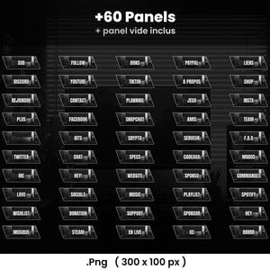 May include: A black and white graphic with the text "+60 Panels + panel vide inclus". The image features a collection of rectangular panels with various social media and streaming-related labels, such as "Discord", "YouTube", and "Spotify".