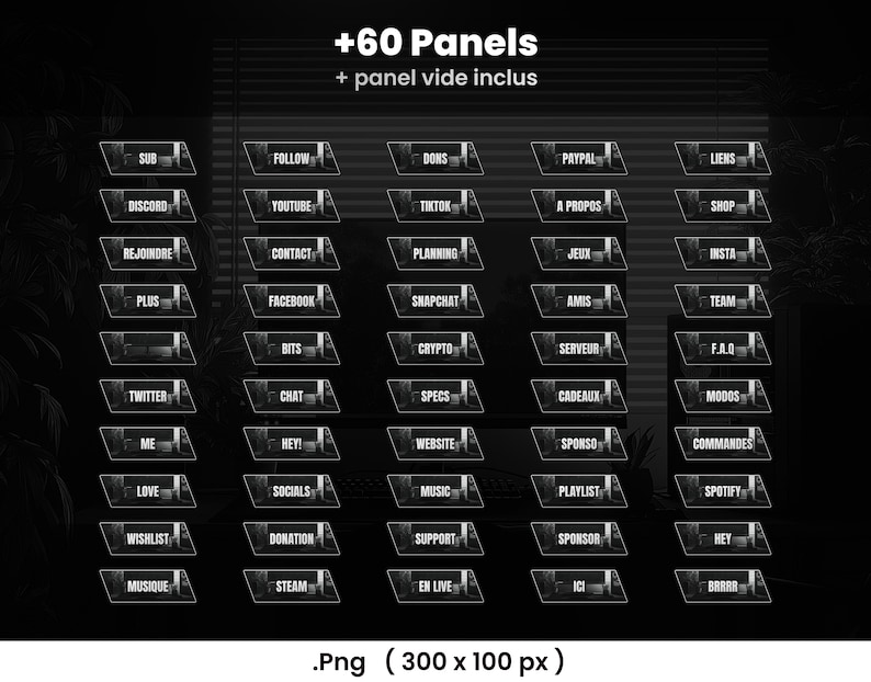 May include: A black and white graphic with the text "+60 Panels + panel vide inclus". The image features a collection of rectangular panels with various social media and streaming-related labels, such as "Discord", "YouTube", and "Spotify".