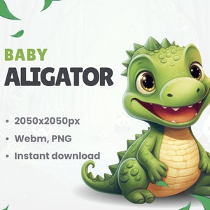 Op de afbeelding: Een cartoonillustratie van een groene baby-alligator met een tandenrij en grote bruine ogen. De alligator zit op een witte achtergrond met groene bladeren in de hoeken.