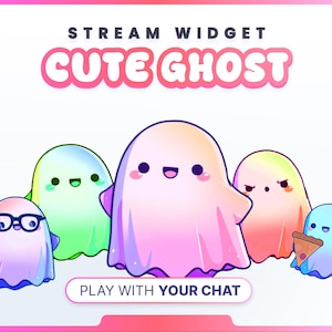 May include: A digital graphic featuring several cartoon ghosts in various colors, including pink, blue, green, and yellow. The text "STREAM WIDGET" and "CUTE GHOST" are displayed at the top, with "PLAY WITH YOUR CHAT" at the bottom.