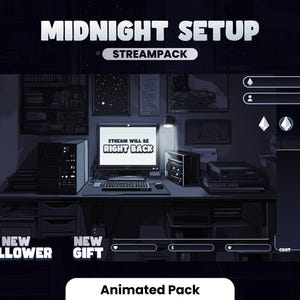 Pode incluir: Ilustração digital de uma configuração de streaming com o texto "MIDNIGHT SETUP STREAMPACK". A imagem apresenta um computador, secretária e elementos animados para Twitch. O monitor mostra "STREAM WILL BE RIGHT BACK".