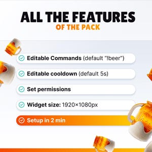Pu&ograve; includere: Immagine con il testo "TUTTE LE FUNZIONI DEL PACCHETTO" e un elenco di funzionalit&agrave; tra cui comandi modificabili, tempo di raffreddamento, autorizzazioni e dimensioni del widget 1920x1080px. L'installazione richiede 2 minuti. Bicchieri di birra sullo sfondo.