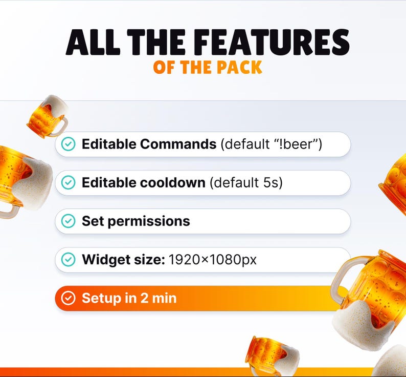 Pu&ograve; includere: Immagine con il testo "TUTTE LE FUNZIONI DEL PACCHETTO" e un elenco di funzionalit&agrave; tra cui comandi modificabili, tempo di raffreddamento, autorizzazioni e dimensioni del widget 1920x1080px. L'installazione richiede 2 minuti. Bicchieri di birra sullo sfondo.