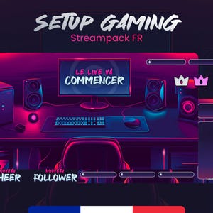 Puede incluir: Una configuración de juego de color rosa y azul neón con un monitor de computadora que muestra el texto "Le live va commencer" y un teclado, un ratón y altavoces. La configuración está decorada con luces de neón y una silla de juego. La imagen también incluye una pancarta con el texto "Setup Gaming Streampack FR".