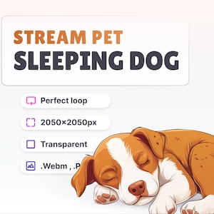 May include: Animated GIF of a brown and white puppy sleeping. The puppy is curled up on its side with its head resting on its paws. The GIF is on a white background and has the text "STREAM PET SLEEPING DOG" at the top.