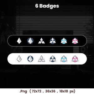 May include: Image of six badges with various geometric designs. The badges are arranged in two rows, each with a different background color. The top row has a black background, and the bottom row has a white background. The text "6 Badges" is at the top.