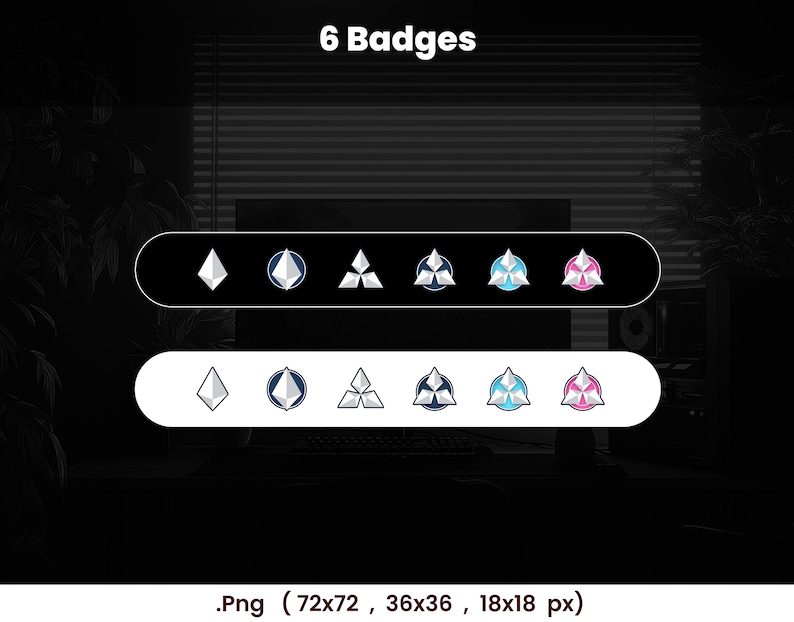 May include: Image of six badges with various geometric designs. The badges are arranged in two rows, each with a different background color. The top row has a black background, and the bottom row has a white background. The text "6 Badges" is at the top.