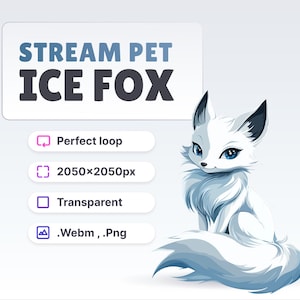 May include: Animated GIF of a white arctic fox with blue eyes sitting and looking to the right. The fox has a fluffy tail and is set against a white background. The text "STREAM PET ICE FOX" is at the top of the image.