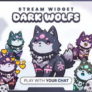 Pode incluir: Imagem promocional para um widget de streaming chamado "Dark Wolfs". A imagem apresenta lobos de desenho animado em várias cores, cada um com uma coleira de caveira. O texto inclui "Stream Widget Dark Wolfs" e "Play with your chat".