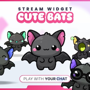 Könnte beinhalten: Grafik mit mehreren Cartoon-Fledermäusen mit verschiedenen Gesichtsausdrücken. Die Fledermäuse sind hauptsächlich grau mit rosa, grünen und lila Akzenten. Der Text oben lautet "Stream Widget Cute Bats" und unten "Play with Your Chat".