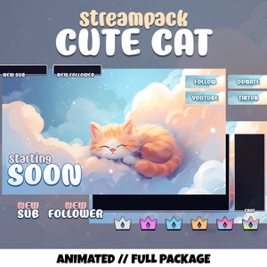 CUTE CAT ANIMATED Overlays kit - low-Fi stream package - Sleeping Cat - Twitch Overlays, Screens, Badges and more! 1920x1080 px - Streampack