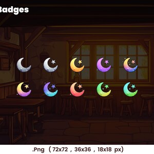 May include: Ten colorful crescent moon badges with a five-pointed star in the center. The badges are arranged in two rows of five, with each row having a different color gradient.