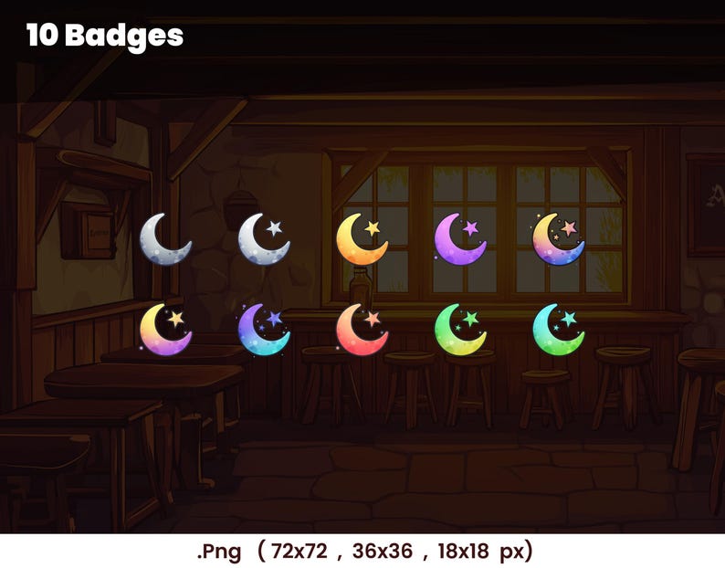 May include: Ten colorful crescent moon badges with a five-pointed star in the center. The badges are arranged in two rows of five, with each row having a different color gradient.