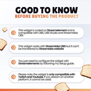 Pode incluir: Gr&aacute;fico informativo com o texto "GOOD TO KNOW BEFORE BUYING THE PRODUCT". O texto explica a compatibilidade do widget com OBS, OBS Studio e Streamlabs OBS, e suas limita&ccedil;&otilde;es com outras plataformas.