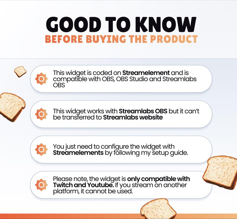 Pode incluir: Gr&aacute;fico informativo com o texto "GOOD TO KNOW BEFORE BUYING THE PRODUCT". O texto explica a compatibilidade do widget com OBS, OBS Studio e Streamlabs OBS, e suas limita&ccedil;&otilde;es com outras plataformas.