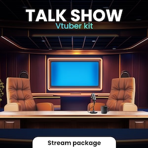 May include: A virtual talk show set with two brown leather chairs, a desk with a microphone, and a large screen behind the desk. The text "Talk Show Vtuber kit" is at the top of the image and "Stream package" is at the bottom.