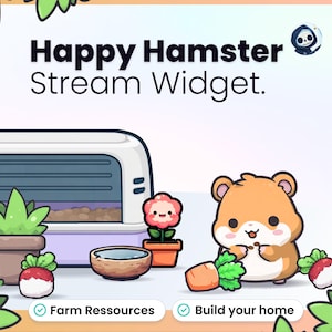 Puede incluir: Gráfico de dibujos animados con el texto "Happy Hamster Stream Widget". La imagen presenta un lindo hámster sosteniendo una zanahoria, rodeado de elementos de jardín como plantas, un cuenco y rábanos. El diseño tiene una estética alegre y juguetona.