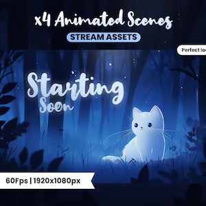 Puede incluir: Escena animada de un gato blanco brillante en un bosque azul oscuro con el texto "Starting Soon" en blanco. La escena es de 60fps y 1920x1080 píxeles.