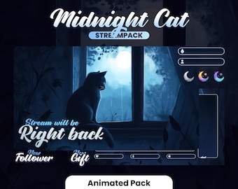 STREAM PACK - Midnight Cat - 1920x1080px - Animated - Low-Fi - Overlays, Scenes, Alerts and more! Instant download