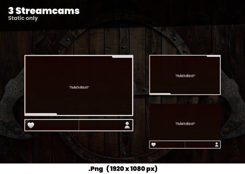 K&ouml;nnte beinhalten: Ein digitales Overlay f&uuml;r das Streaming mit drei rechteckigen Rahmen, jeweils mit einem Herz- und einem Personensymbol. Die Rahmen befinden sich auf einem dunklen Holzgrund mit einem kreisf&ouml;rmigen Metalldesign.